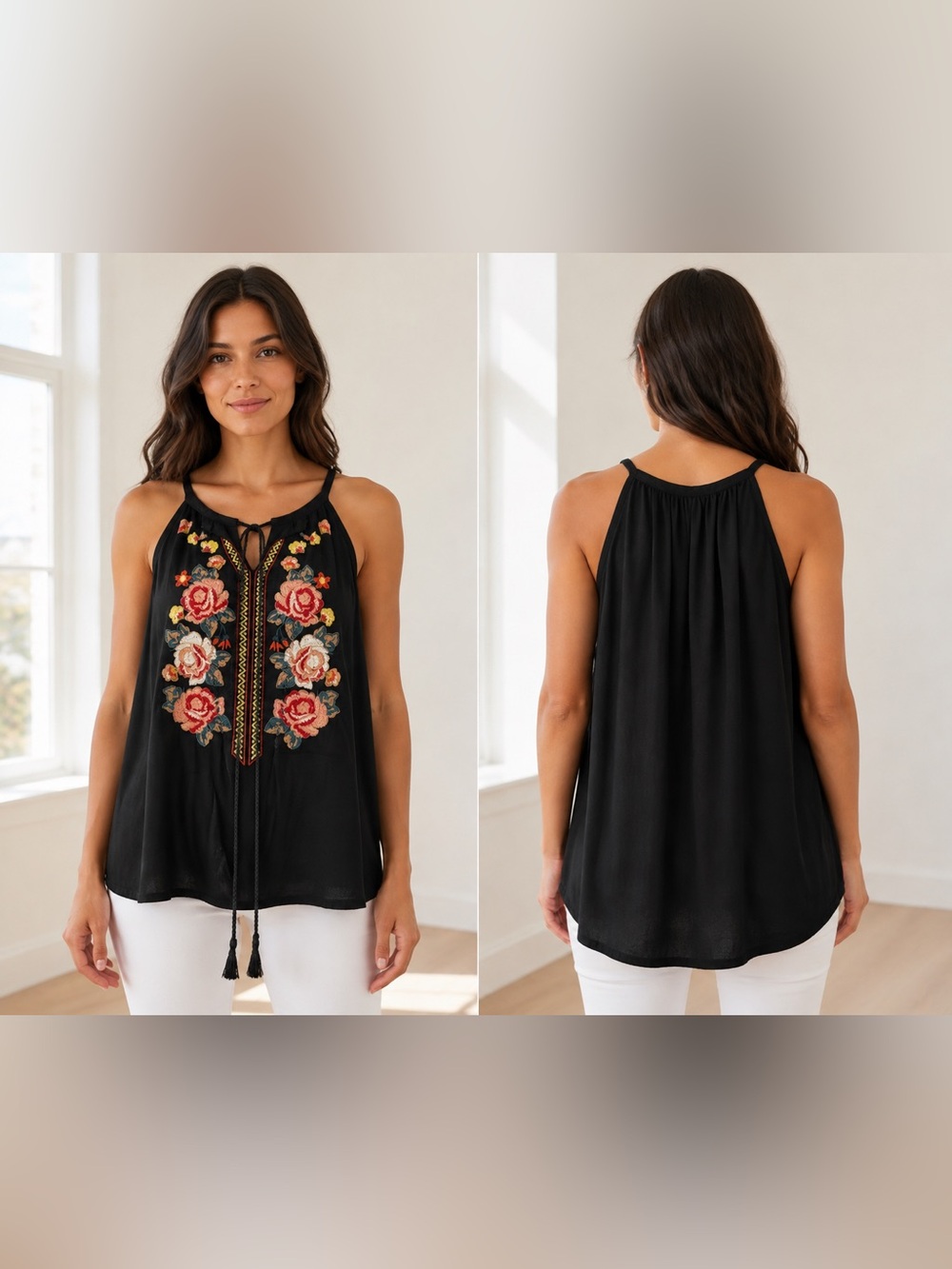 ANDREE BY UNIT Black Embroidered Floral Boho Swing Tank Top Size Small